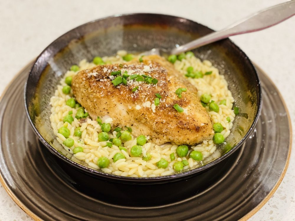 Roasted Chicken with Orzo and Peas