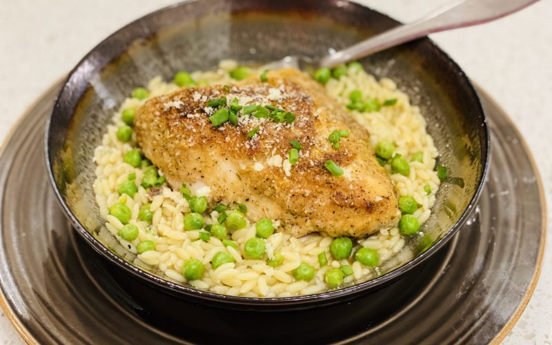 Roasted Chicken with Orzo and Peas