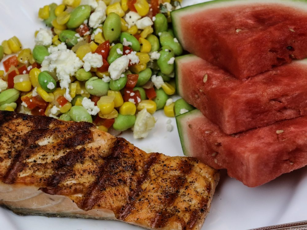 Grilled Salmon & Feta Succotash