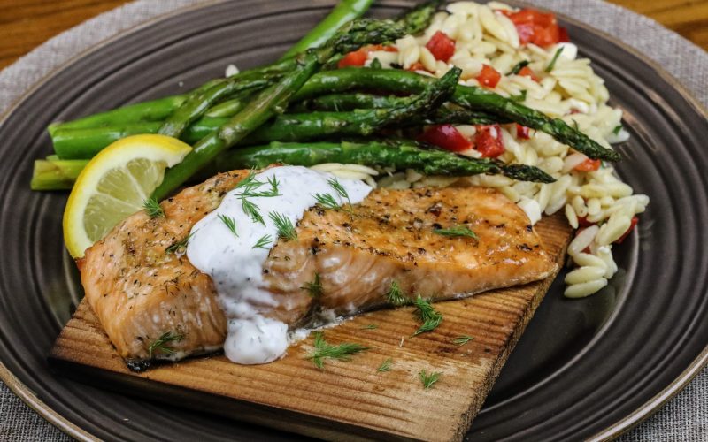 Cedar Plank Salmon & Lemon Orzo Salad