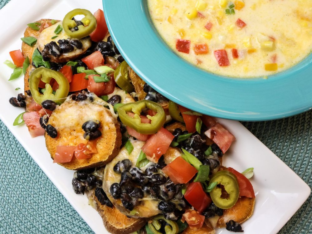 Sweet Potato Nachos & Corn Chowder